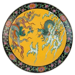 A Japanese ceramic charger adorned with phoenix and dragon in the Chinese taste, 20th century, stamped "Made In Japan", 37.5cm diameter