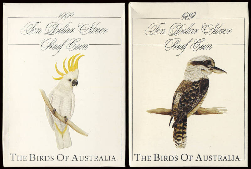 TEN DOLLARS: 1989 Kookaburra and 1990 Sulphur Crested Cockatoo silver cased proofs, x5 of each.