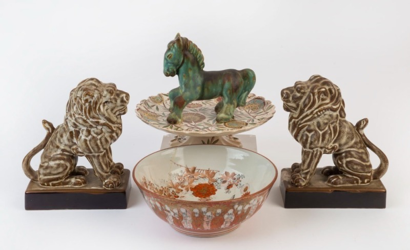 Pair of ceramic lion bookends, horse statue, antique porcelain compote and Japanese bowl, 19th and 20th century, A/F, the bookends 20cm high