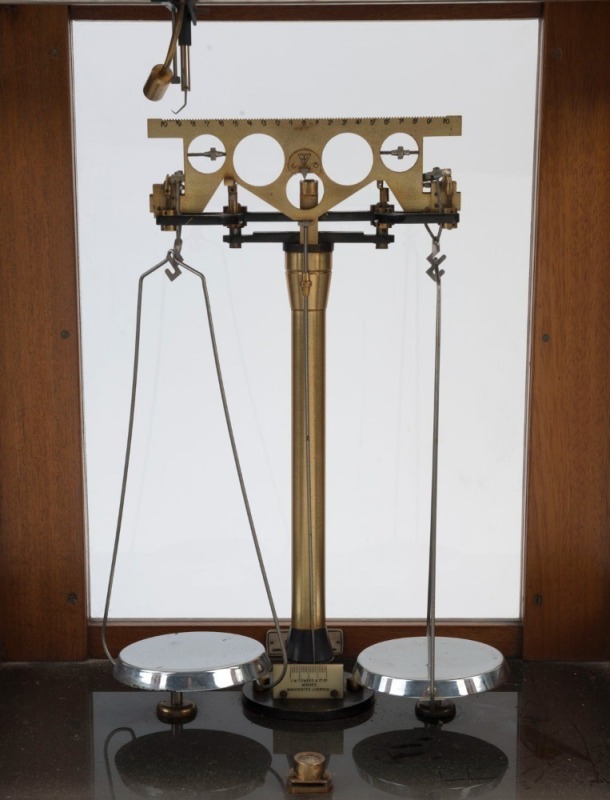 A set of scientific balance scales in timber and glass case, early 20th