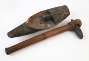 A carved wooden mask, and a stone and bamboo axe, Papua New Guinea, (2 items), the axe 54cm long