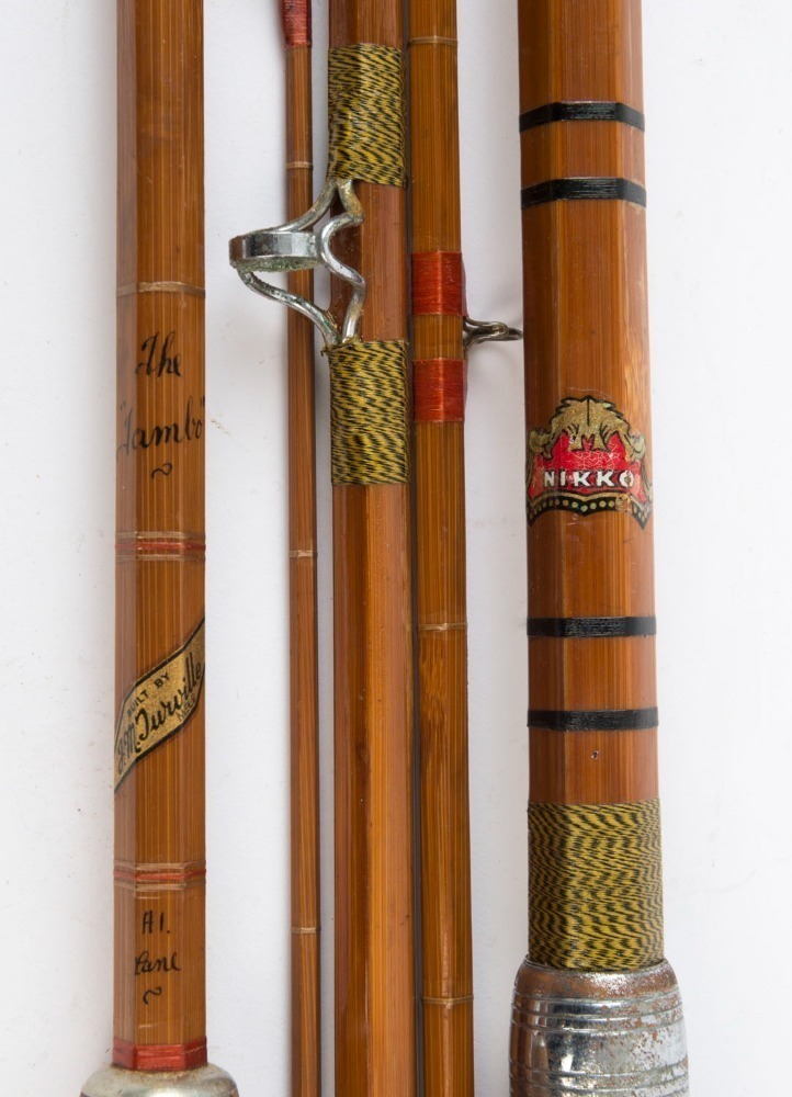 J.M. TURVILLE The Jambo vintage split cane three piece fishing rod together  a NIKKO two piece vintage split cane ugly stick fishing rod, circa 1940s,  (2 items), 272cm and 195cm long