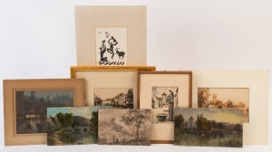 Various small artworks including "Shanklin, Isle of Wight" etching by C. Dickens; a village scene in watercolour by Arthur Ward; a village square etching by Villingen, and five other items, (8).