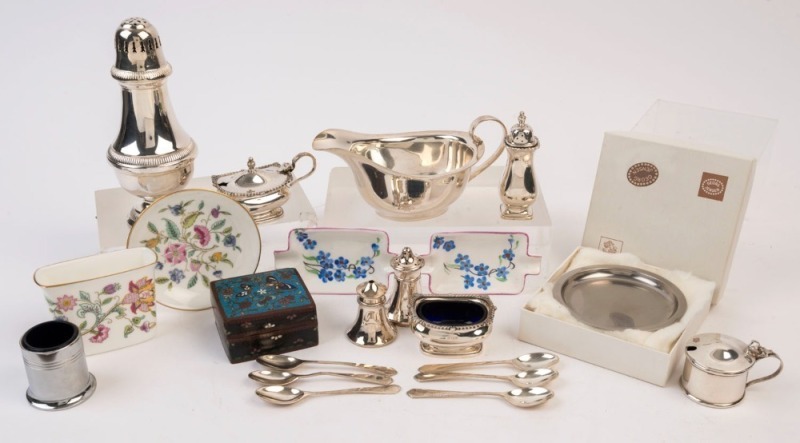 GEORG JENSEN boxed stainless steel coaster, porcelain dish, vase and two ashtrays, antique Chinese cloisonne box, six silver coffee spoons, three sterling silver condiments, silver plated sauce boat, sugar caster, and four assorted condiments, 19th and 20