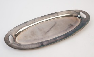 An English sterling silver oval serving tray, mid to late 20th century, 52cm across the handles, 930 grams