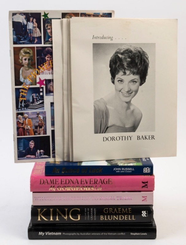 SELECTION with hardbound signed copy of 'My Vietnam' by Stephen Lewis, 'King - the Life and Comedy of Graham Kennedy' by Graeme Blundell' signed by regular 'In Melbourne Tonight' performer Dorothy Baker, also 'My Gorgeous Life/Dame Edna Everage' (unsigned