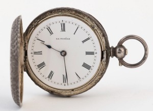 'La Fidele' Swiss made pocket watch with floral pattern on the sterling silver case, internal 1894 engraved dedication, 3.7cm diameter,