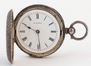 'La Fidele' Swiss made pocket watch with floral pattern on the sterling silver case, internal 1894 engraved dedication, 3.7cm diameter, 