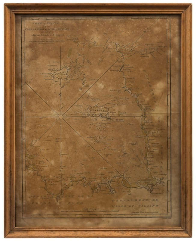 COAST OF FRANCE FROM CAPE LA HAGUE TO ISLE BREHAT, published by W, Faden, Geographer to the King & to H.R.H. The Prince of Wales, Charring Cross, Jan. 1. 1805. 33 x 25cm, 36 x 28cm overall