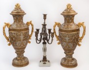 A pair of porcelain lidded mantel urns with gilt decoration, together with a five branch candelabra, 20th century (3 items), the urns 59cm high