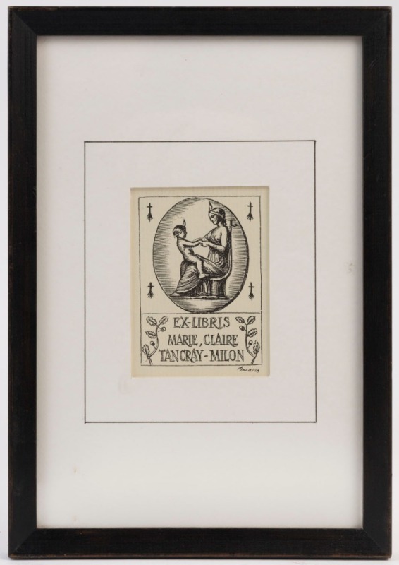 ALBERT DECARIS (1901 - 1988) Ex-Libris Marie, Claire Tancray-Milon, etching, signed in plate, 8 x 5.5cm; framed 23.5 x 16.5cm.