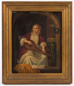 DUTCH SCHOOL, Woman playing a cittern, oil on metal, circa 1850s, signed indistinctly lower right, 20.5 x 17cm.