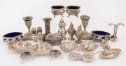 Assorted sterling silver and silver plated condiments, dishes, candlesticks, lighter etc, 19th century 20th century, (24 items) 300+ grams silver weight