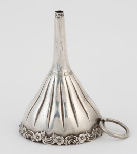A small sterling silver funnel with applied floral border, 19th/20th century, stamped "STERLING", 6.5cm high, 23 grams