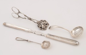 Dutch silver sugar tongs, Mappin and Webb silver plated marrow scoop, sugar sifting spoon and mustard spoon, 19th and 20th century (4 items), ​​​​​​​the largest 24cm long