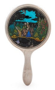 An English sterling silver hand mirror with Art Deco butterfly wing decoration, made in Birmingham, circa 1927, 18cm high