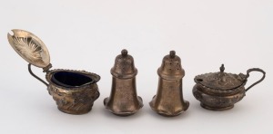 A pair of sterling silver mustard pots (one with blue glass liner), one with a spoon, and a pair of sterling silver pepper pots, (5 items) ​​​​​​​the pepper pots 6.5cm high, 126 grams total silver weight