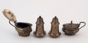 A pair of sterling silver mustard pots (one with blue glass liner), one with a spoon, and a pair of sterling silver pepper pots, (5 items) the pepper pots 6.5cm high, 126 grams total silver weight