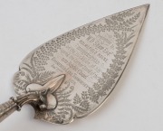 Antique sterling silver presentation trowel with carved ivory handle and original plush fitted box, bearing inscription "Presented To W. D. Shaw ESQ.R. Of Holmefield House, Huddersfield On The Occasion Of His Laying The Corner Stone Of The New Baptist Cha - 2