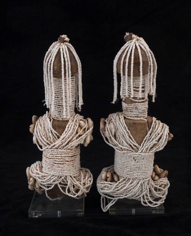 Two fertility dolls, carved wood, beads and shell, Fali tribe, Cameroon, Africa, ​​​​​​​25cm and 26cm high