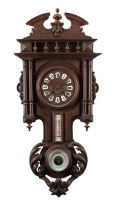 An antique weather station wall clock in a carved walnut case, comprising a French time and strike movement, mercury thermometer and barometer, 19th century, ​​​​​​​92cm high