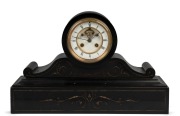 A French mantel clock in Belgian black slate case with carved and gilt decorated highlights, time and strike movement with Brocot open escapement and Roman numerals, 19th century, ​​​​​​​29cm high, 49cm wide