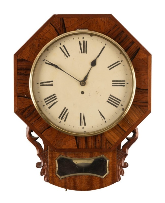 An antique English drop-dial wall clock in rosewood and walnut case with single train fusee movement, 19th century, ​​​​​​​55cm high