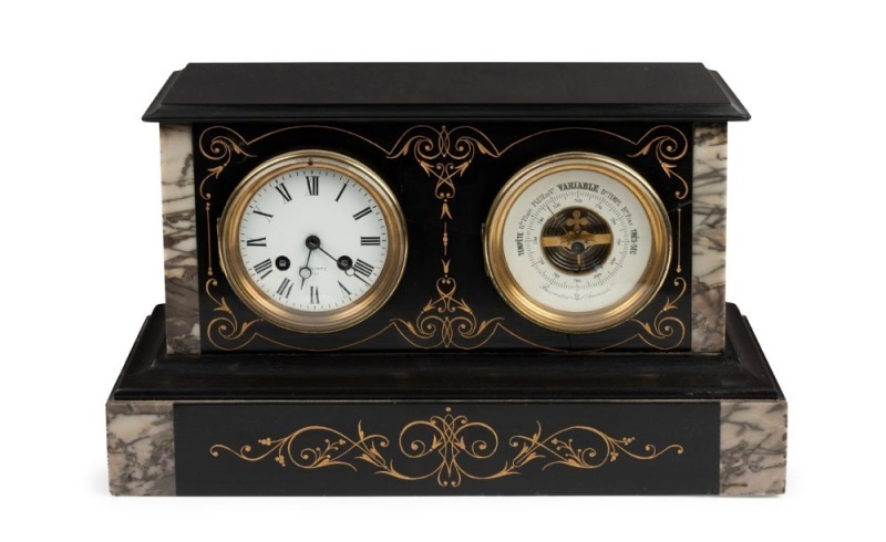 An antique French clock and barometer in a black slate case with marble trim, 19th century, ​​​​​​​23cm high, 40cm wide