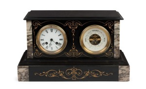 An antique French clock and barometer in a black slate case with marble trim, 19th century, ​​​​​​​23cm high, 40cm wide