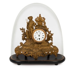 An antique French gilt metal figural mantel clock, time only movement in antique glass dome, 19th century, ​​​​​​​41cn high overall