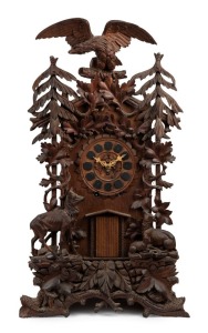 BLACK FOREST "TRUMPETER" impressive German table clock with spring-driven movement and ornately carved case, 19th century, ​​​​​​​110cm high, 62cm wide, 31cm deep