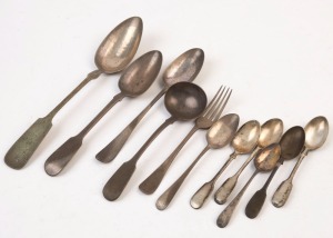 Thirteen assorted pieces of sterling silver and German 800 silver flatware, mainly Georgian and Victorian, the largest 27.5cm long, 430 grams total