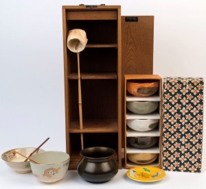 A set of four Japanese pottery bowls together with a spruce box and assorted Japanese ceramics, 20th century