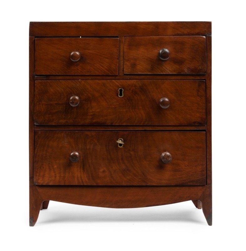 An antique English mahogany apprentice chest of drawers in the Georgian style, 19th century, 35cm high, 32cm wide, 18cm deep