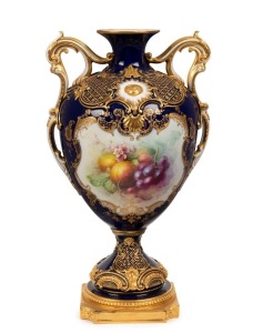 ROYAL WORCESTER antique porcelain blue and gilt mantel vase with hand-painted fruit vignette, signed "Chivers", black factory mark to base, 36cm high