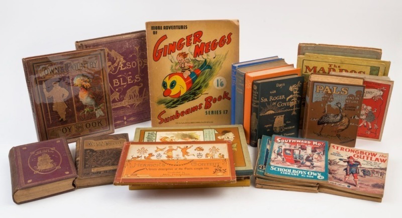 [CHILDRENS & ILLUSTRATED BOOKS] A quantity, including "The Town & Country Toy Book" (c1880), "PALS Young Australians in Sport and Adventure"  (c1918), "More Adventures of Ginger Meggs" (1940), "Walt Disney's Bambi" (1941), "Walt Disney's Snow White and th