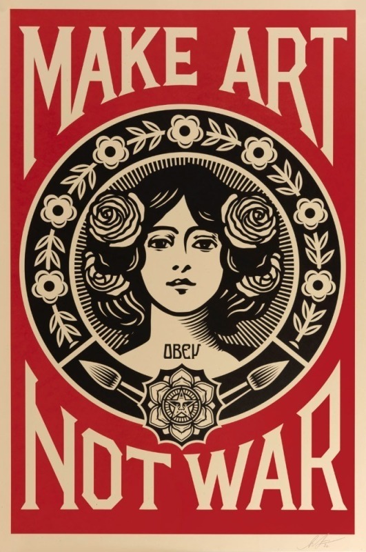 FRANK SHEPARD FAIREY (b.1970), MAKE ART NOT WAR, offset lithograph signed and dated in pencil below image, overall 91 x 61cm.