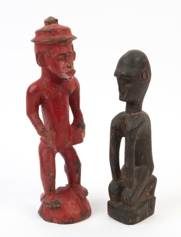 Two figural statues, carved wood with red and black painted finishes, African origin, ​​​​​​​26cm and 22cm high