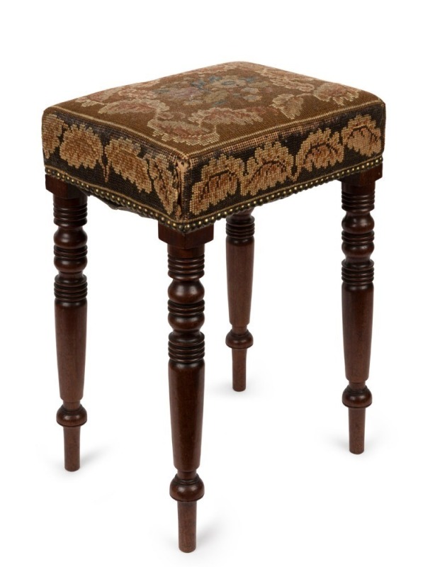 George III mahogany stool with finely turned legs and antique tapestry top, early 19th century, 55cm high, 35cm wide, 28cm deep