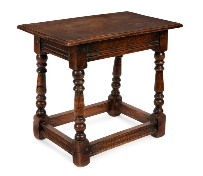 An antique English oak stool with peg joint construction, 19th/20th century, 45cm high, 51cm wide, 30cm deep