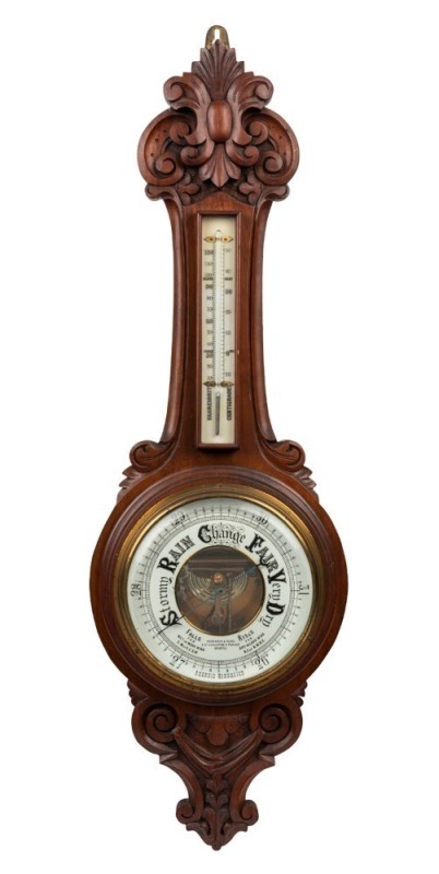 An antique English banjo barometer in walnut case, dial marked "HUSBANDS & SONS, BRISTOL", 19th century, ​​​​​​​92cm high