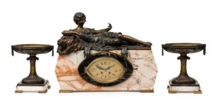 A French Art Deco mantel clock set in marble case with reclining spelter female signed "GEO" and garnitures, 8 day time and strike movement, circa 1925, ​​​​​​​39cm high, 52cm wide