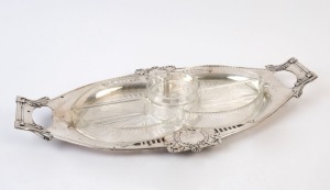 AUSTRO-HUNGARIAN silver serving tray with fitted crystal savory dishes, circa 1908, 57cm wide, 880 grams silver weight