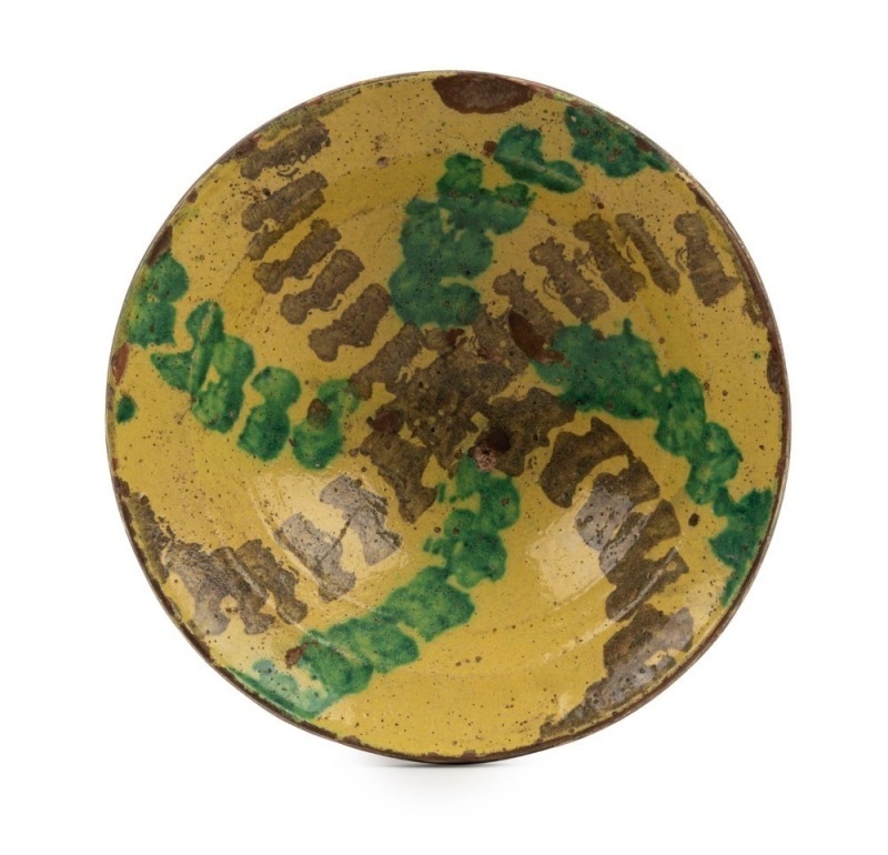 SILK ROAD antique pottery bowl with yellow and green glaze, 11th/12th century, ​​​​​​​9cm high, 26.5cm diameter