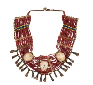 NAGA beaded necklace: Made from ceramic beads, shells, animal bone and boar teeth. 20th century, 103cm long, 15cm wide, 950 grams total