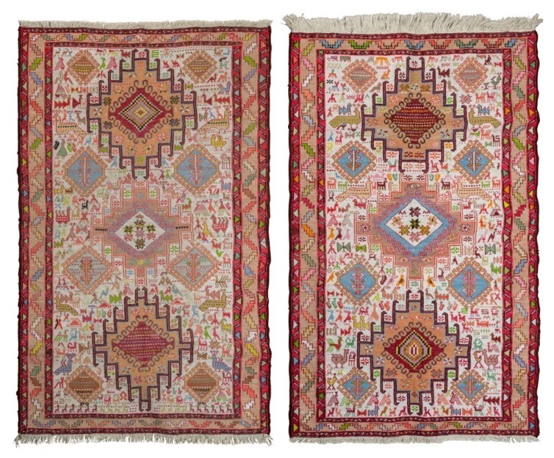 Two hand-knotted flat weave tribal patterned rugs. 42 x 100cm each