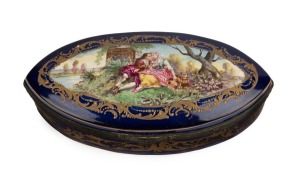 An antique French almond shaped porcelain jewellery casket with ormolu mounts, 19th century, 8cm high, 23cm wide, 10.5cm deep