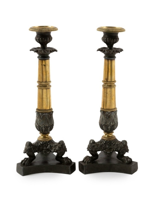 A pair of antique French Empire style candlesticks, cast spelter and brass, 19th century, ​​​​​​​28cm high