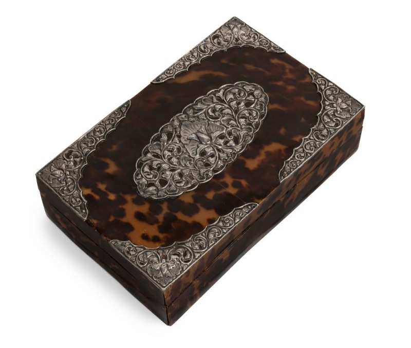 An antique box, tortoiseshell with fine silver mounts and cedar lining, 19th century, ​​​​​​​5cm high, 18cm wide, 12cm deep