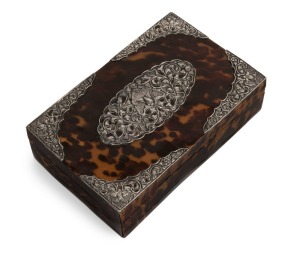 An antique box, tortoiseshell with fine silver mounts and cedar lining, 19th century, 5cm high, 18cm wide, 12cm deep